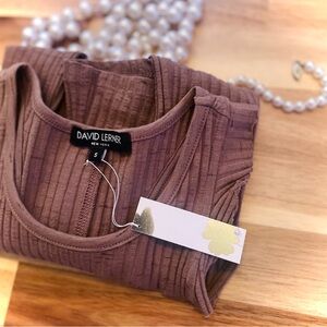 DAVID LERNER | S | Bridgette Heavy Rib Knit Taupe High Neck Ruffle Tank Top